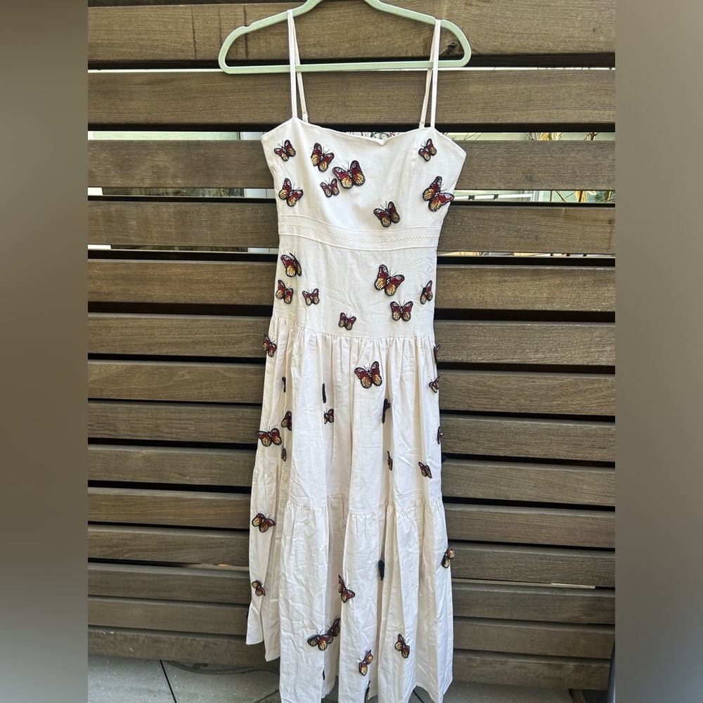 Agua Bendita White Maxi Dress with Orange & Brown Butterfly Embroidery